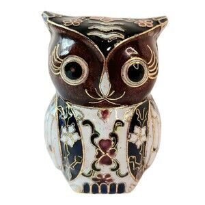 Vintage Cloisonne Owl Figurine Enamel On  Brass Brown White Blue Floral 3.5"x2"
